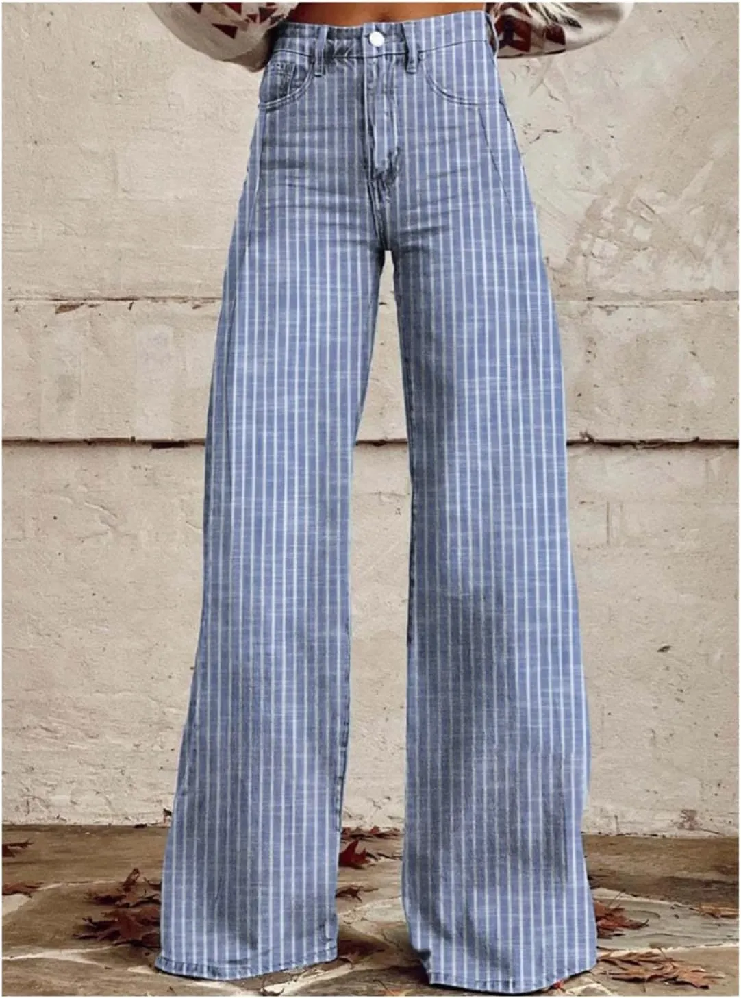Hassembly Women Y2K Striped Jeans High Waist Button Wide Leg Casual Denim Pants Bootcut Flare Boyfriend Trousers with Pockets