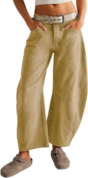 HOTIAN Barrel Jeans Women Wide Leg Mid Rise Barrel Denim Pants Vintage Horseshoe Jeans Pockets