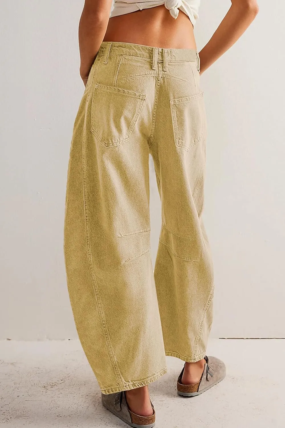 HOTIAN Barrel Jeans Women Wide Leg Mid Rise Barrel Denim Pants Vintage Horseshoe Jeans Pockets