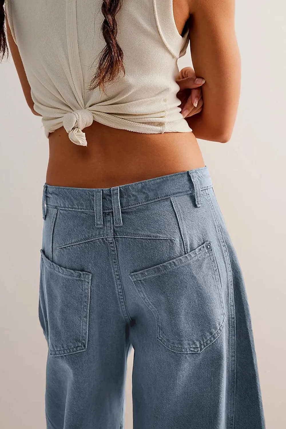 HOTIAN Barrel Jeans Women Wide Leg Mid Rise Barrel Denim Pants Vintage Horseshoe Jeans Pockets
