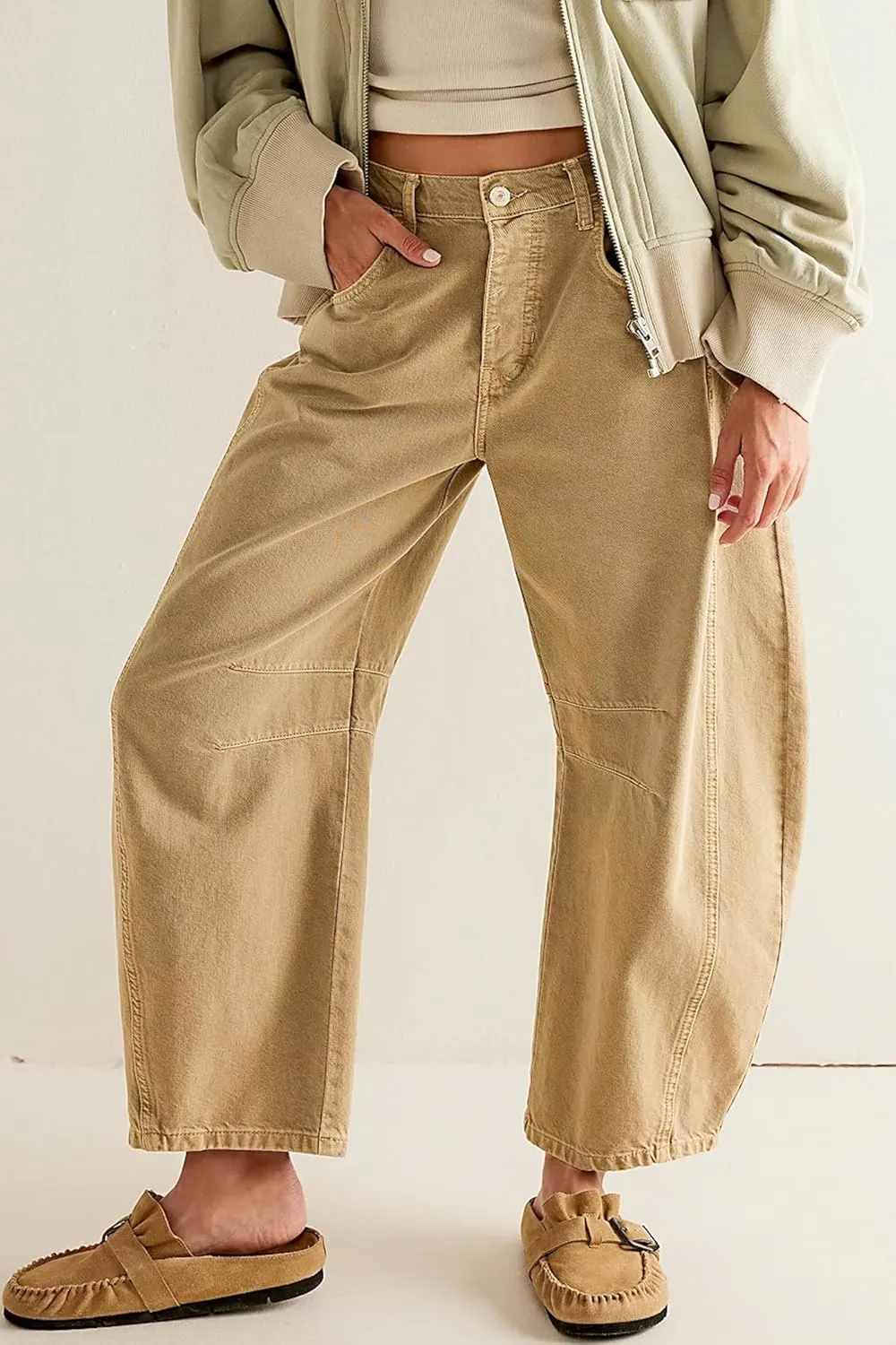 HOTIAN Barrel Jeans Women Wide Leg Mid Rise Barrel Denim Pants Vintage Horseshoe Jeans Pockets