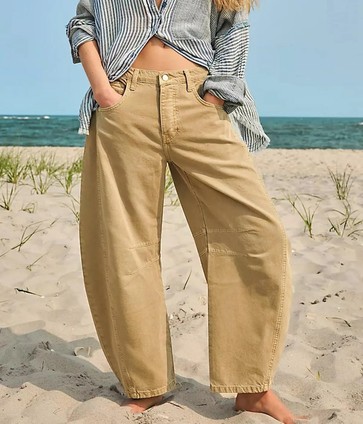 HOTIAN Barrel Jeans Women Wide Leg Mid Rise Barrel Denim Pants Vintage Horseshoe Jeans Pockets