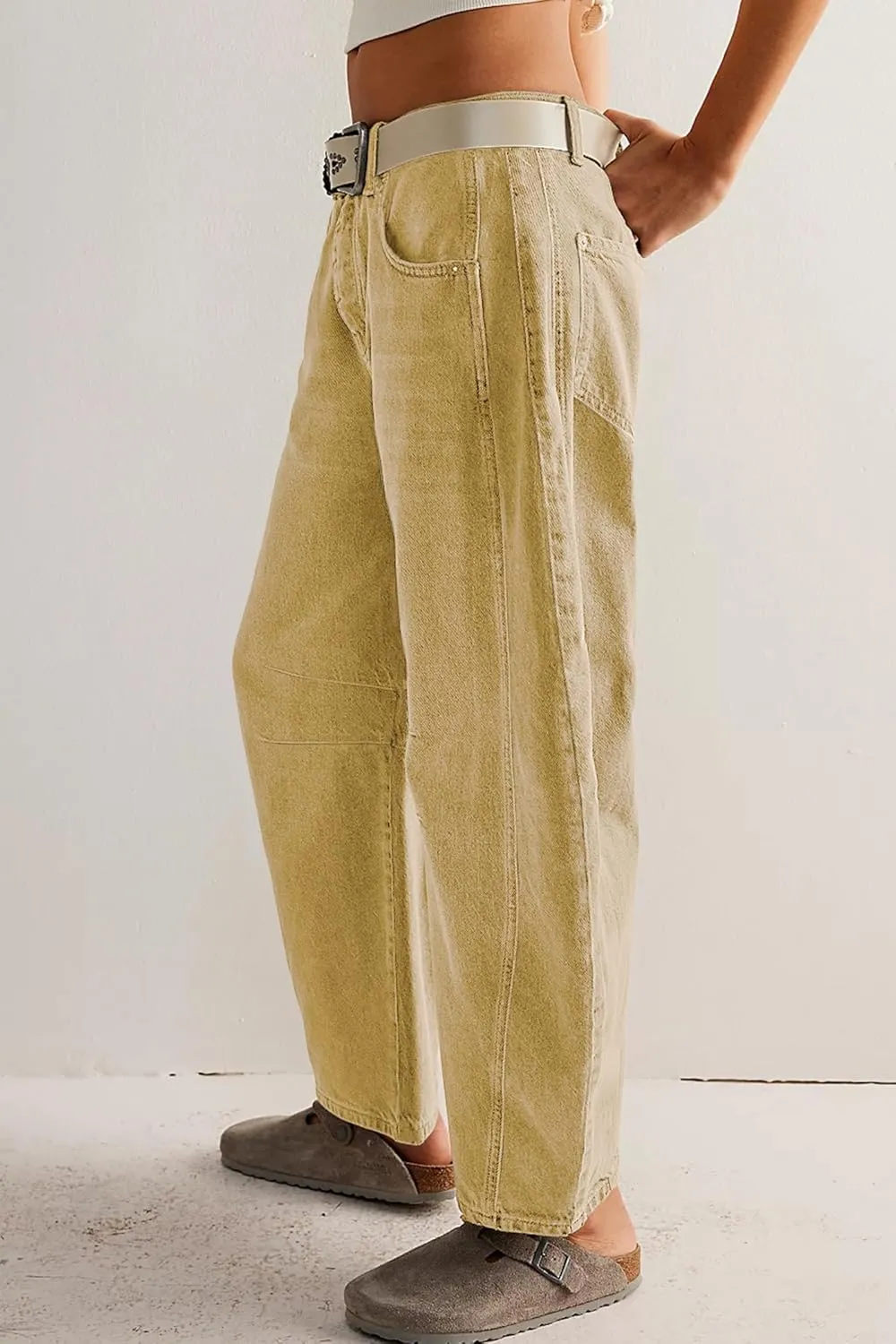 HOTIAN Barrel Jeans Women Wide Leg Mid Rise Barrel Denim Pants Vintage Horseshoe Jeans Pockets