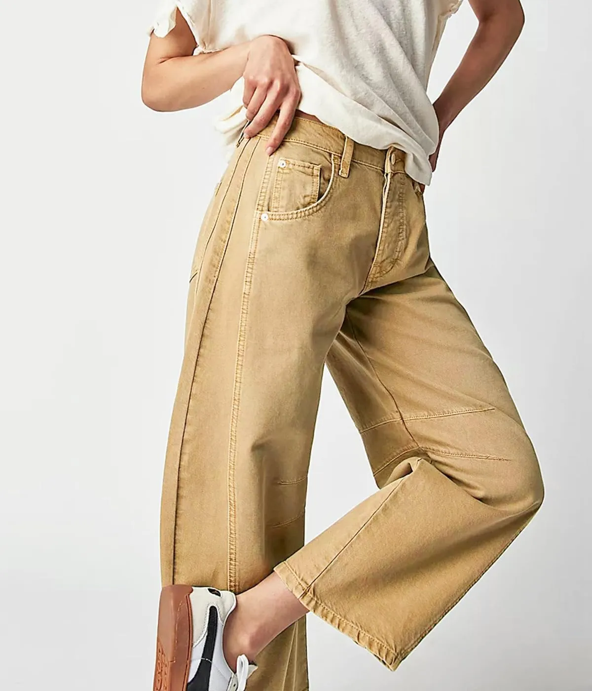 HOTIAN Barrel Jeans Women Wide Leg Mid Rise Barrel Denim Pants Vintage Horseshoe Jeans Pockets