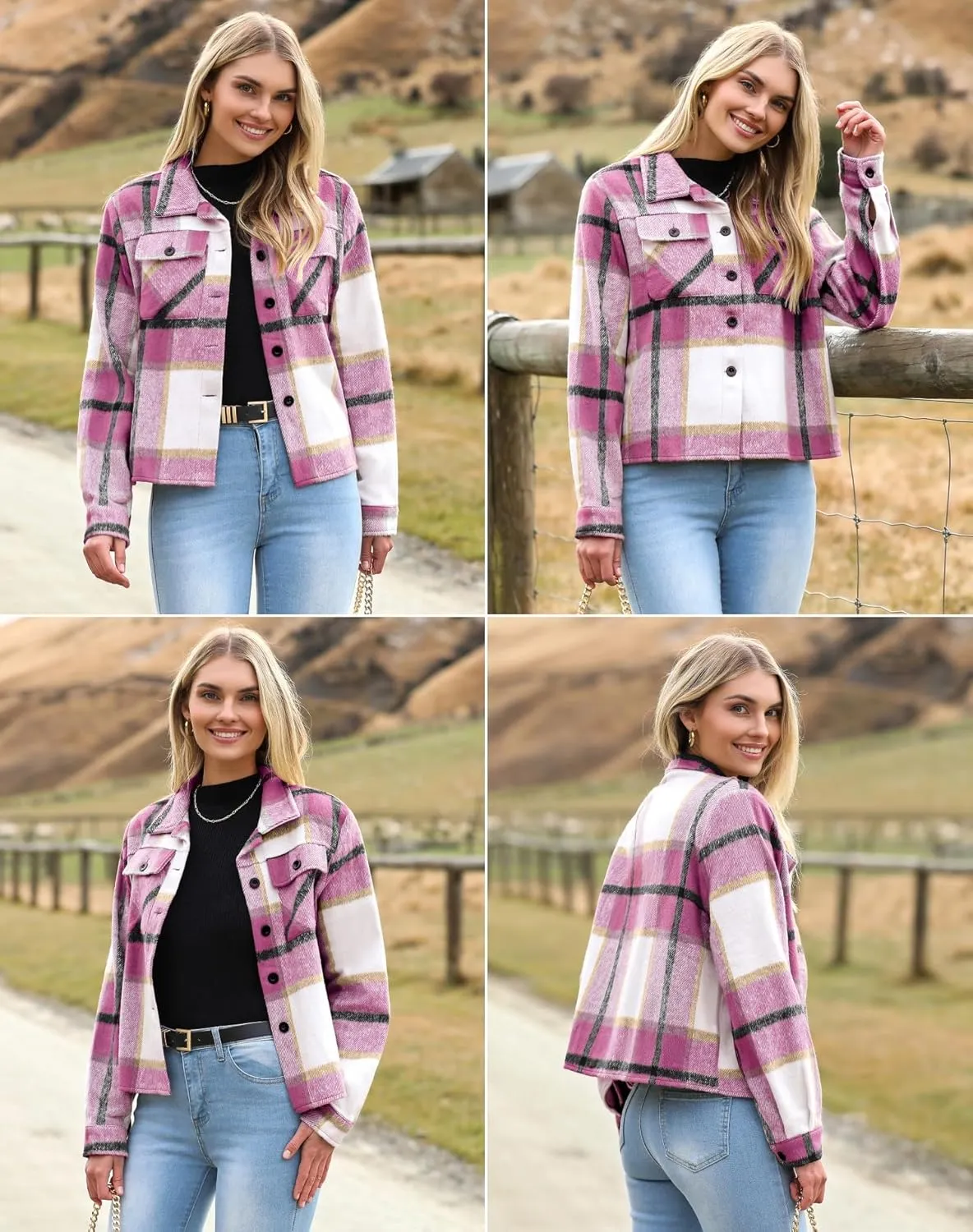HOTOUCH Womens Flannels Fall Cropped Shacket Plaid Jacket Long Sleeve Button Down Coat 2024 Fall Fashion Trendy Outfits