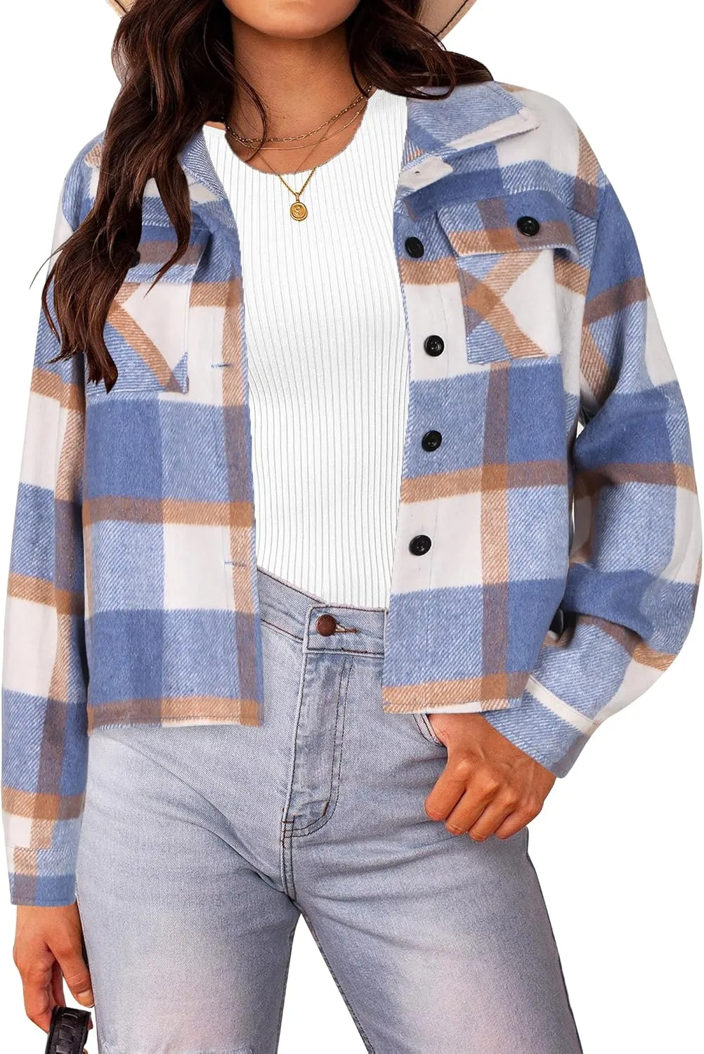 HOTOUCH Womens Flannels Fall Cropped Shacket Plaid Jacket Long Sleeve Button Down Coat 2024 Fall Fashion Trendy Outfits