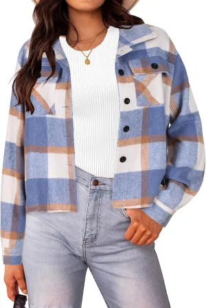 HOTOUCH Womens Flannels Fall Cropped Shacket Plaid Jacket Long Sleeve Button Down Coat 2024 Fall Fashion Trendy Outfits