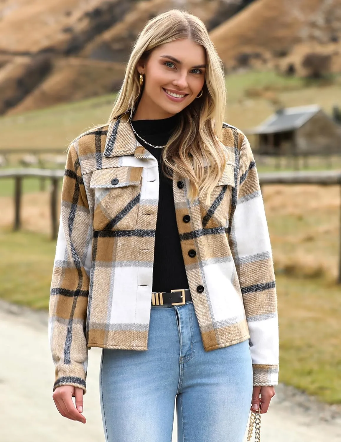 HOTOUCH Womens Flannels Fall Cropped Shacket Plaid Jacket Long Sleeve Button Down Coat 2024 Fall Fashion Trendy Outfits