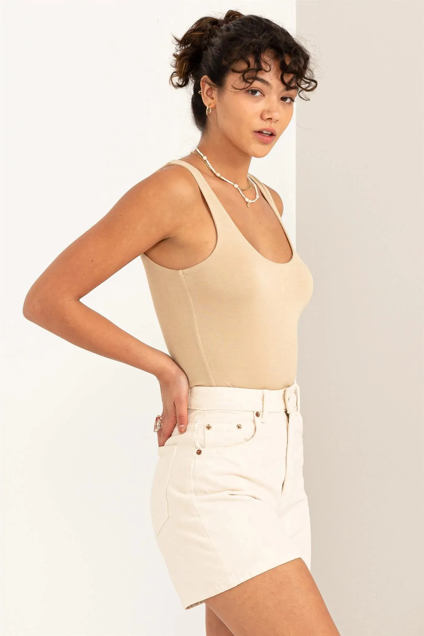 Hyfve Double Zero Hearts Align Scoop Neck Tank Bodysuit In Caffe Latte