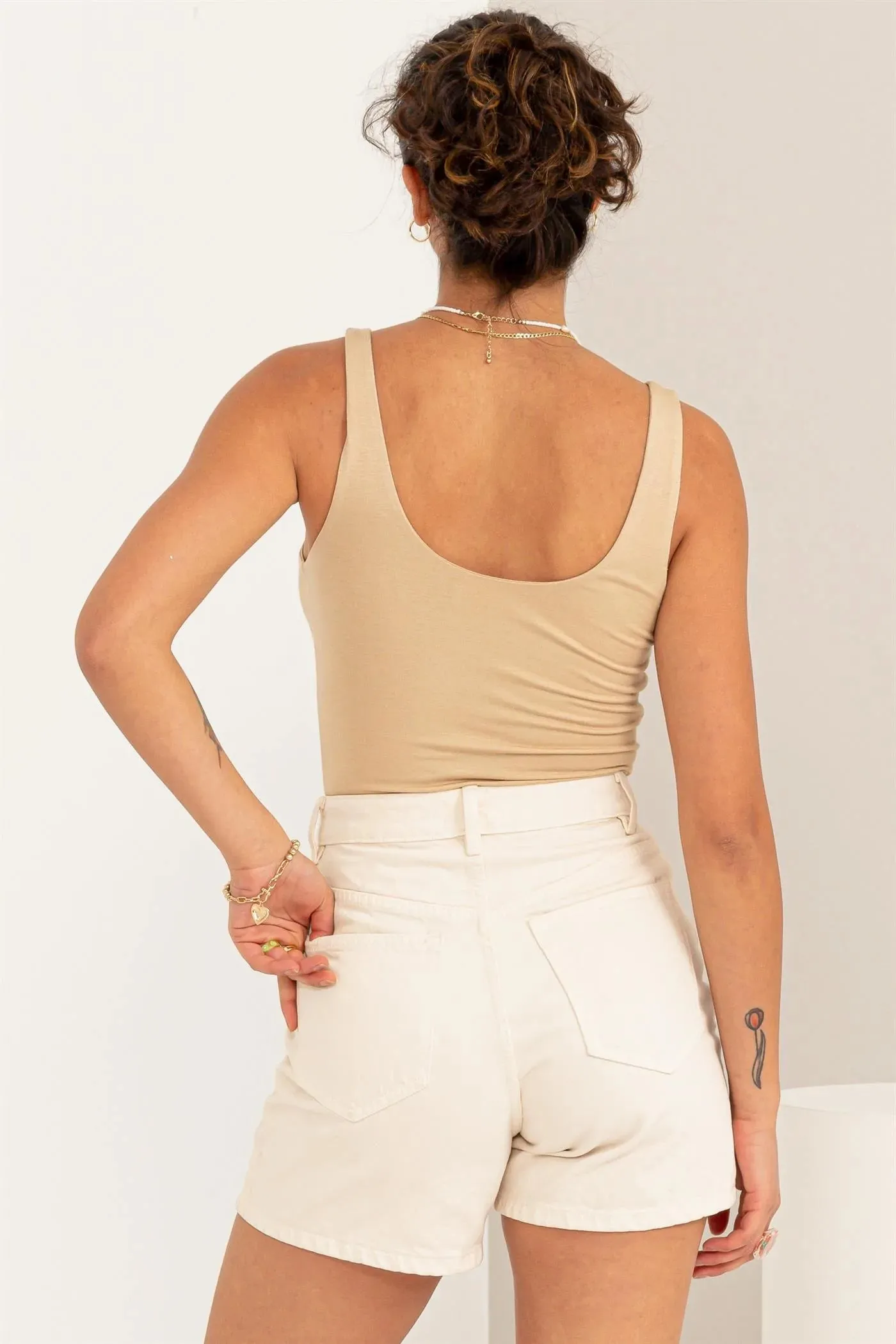 Hyfve Double Zero Hearts Align Scoop Neck Tank Bodysuit In Caffe Latte