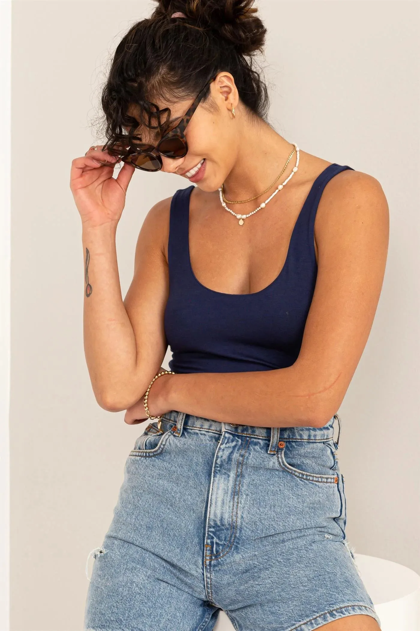 Hyfve Double Zero Hearts Align Scoop Neck Tank Bodysuit In Dark Night