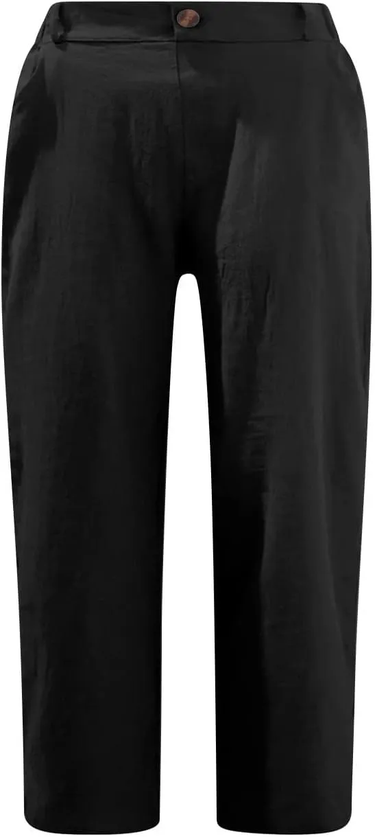 jovati Capri Pants for Women Casual 2023 Summer Drawstring Elastic High Waist Linen Pant Straight Wide Leg Cropped Trouser