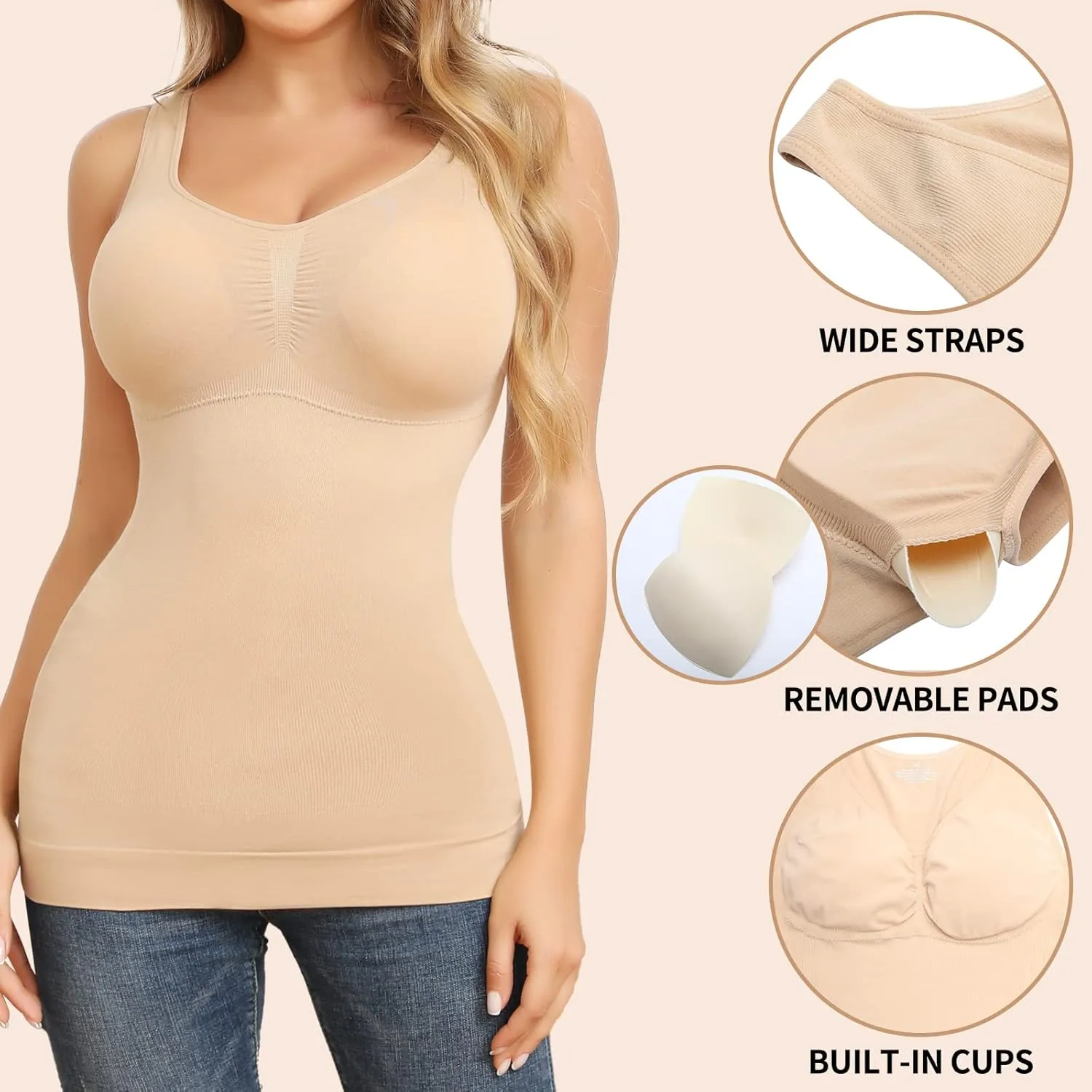 JOYSHAPER Cami Shaper for Women Tummy Control Shapewear Tank Tops with Built-in Bra Compression Camisole Padded Bra