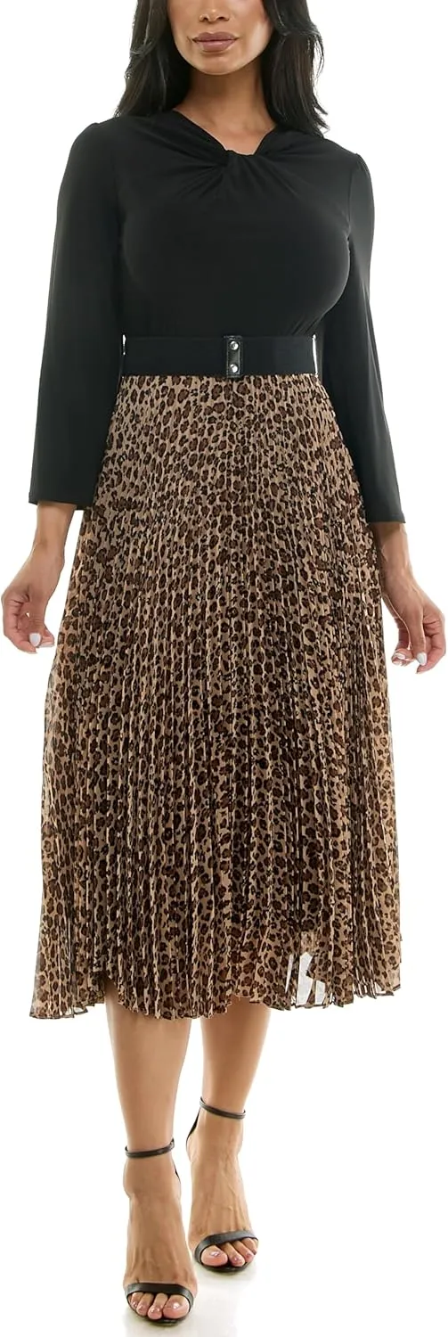 Julian Taylor Women's Long Sleeve Belted Animal Print Skirt Pleated Midi Dress