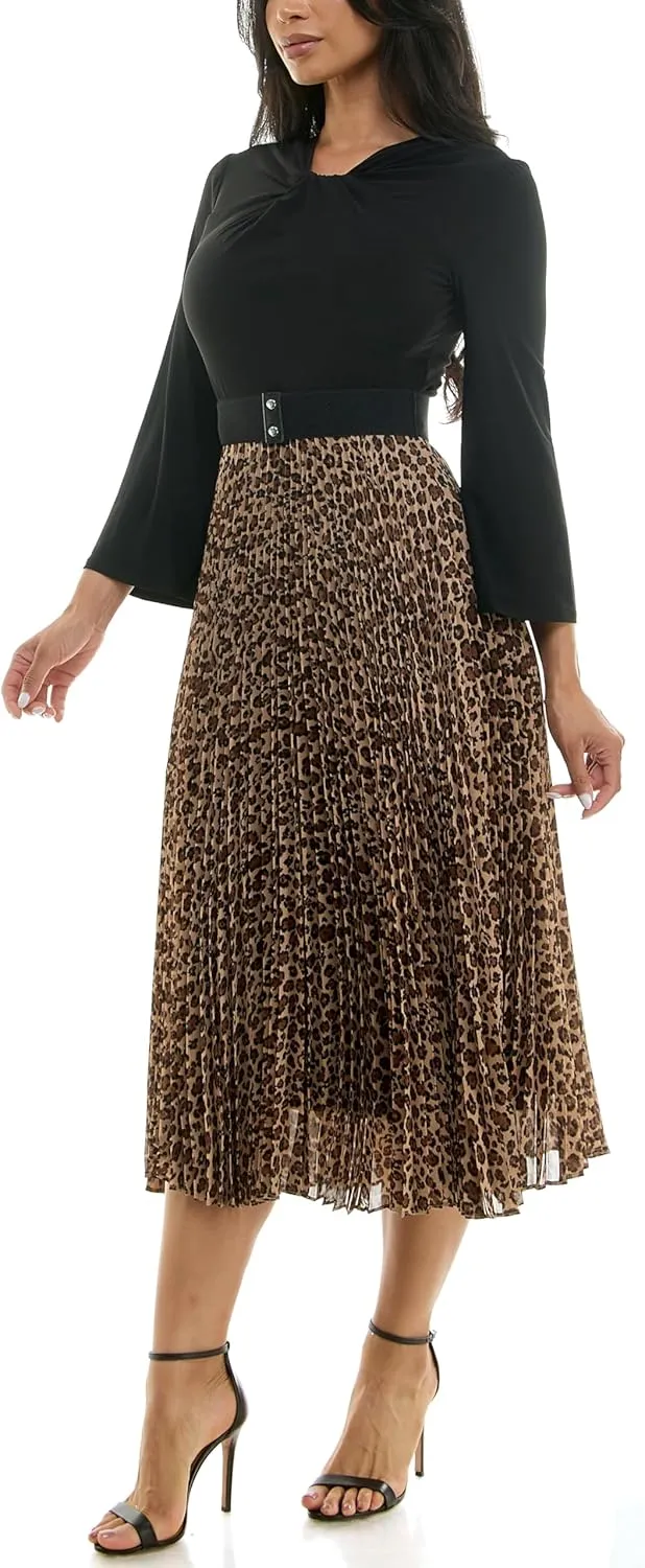 Julian Taylor Women's Long Sleeve Belted Animal Print Skirt Pleated Midi Dress