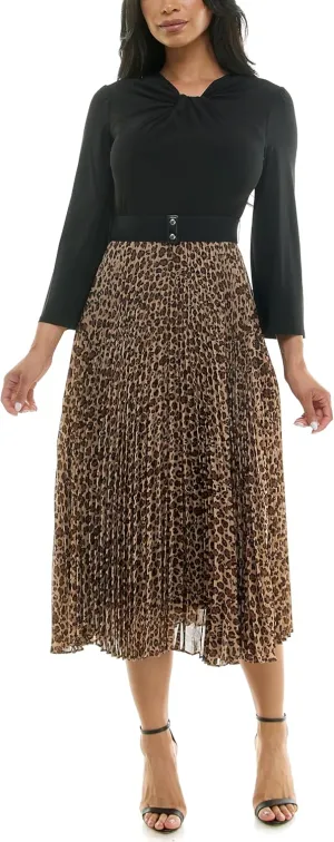 Julian Taylor Women's Long Sleeve Belted Animal Print Skirt Pleated Midi Dress