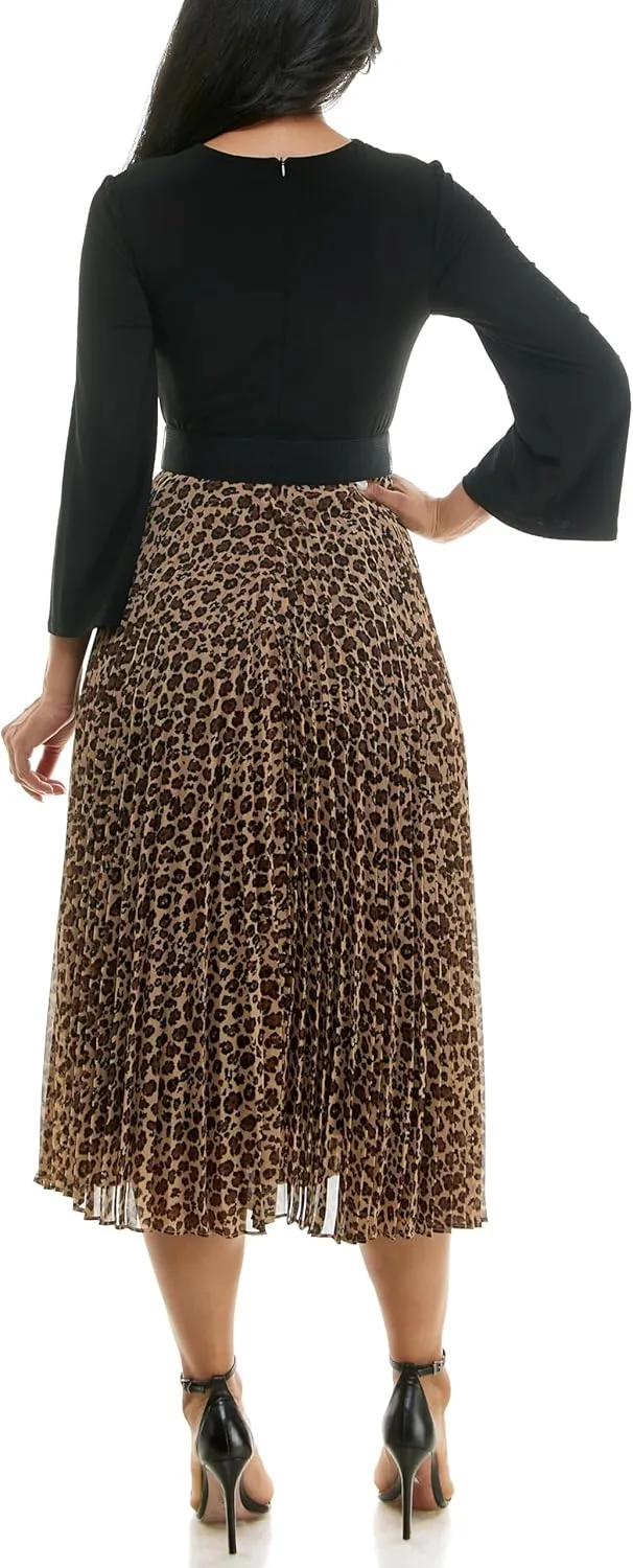 Julian Taylor Women's Long Sleeve Belted Animal Print Skirt Pleated Midi Dress