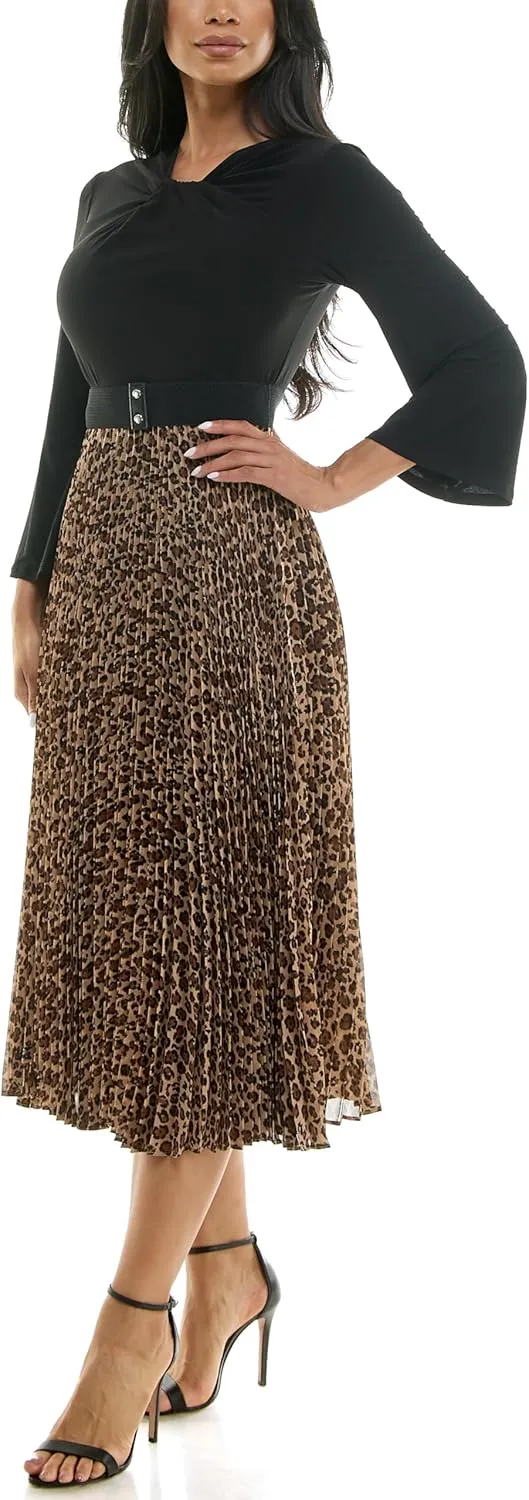 Julian Taylor Women's Long Sleeve Belted Animal Print Skirt Pleated Midi Dress