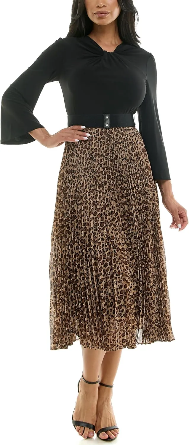 Julian Taylor Women's Long Sleeve Belted Animal Print Skirt Pleated Midi Dress