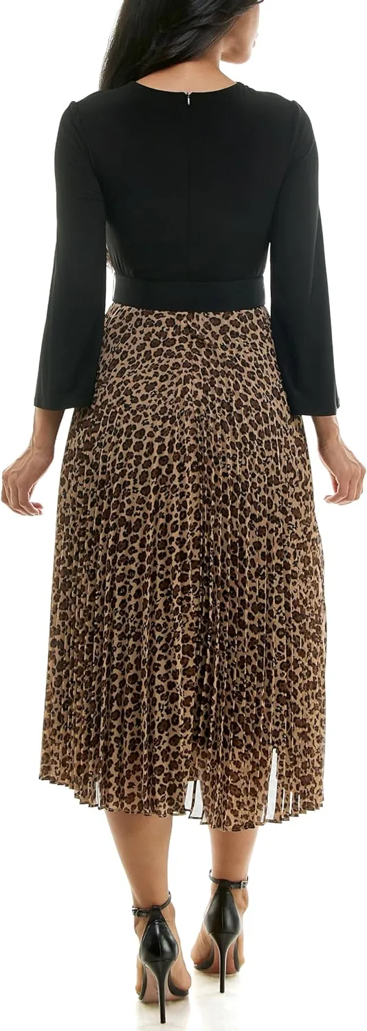 Julian Taylor Women's Long Sleeve Belted Animal Print Skirt Pleated Midi Dress