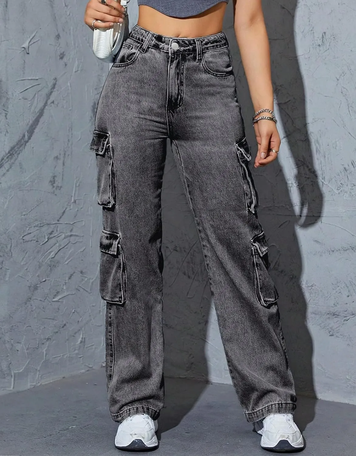 Kedera Women High Waist Denim Jeans Trousers Casual Pants Boyfriend Wide Leg Cargo Parachute Baggy Pants