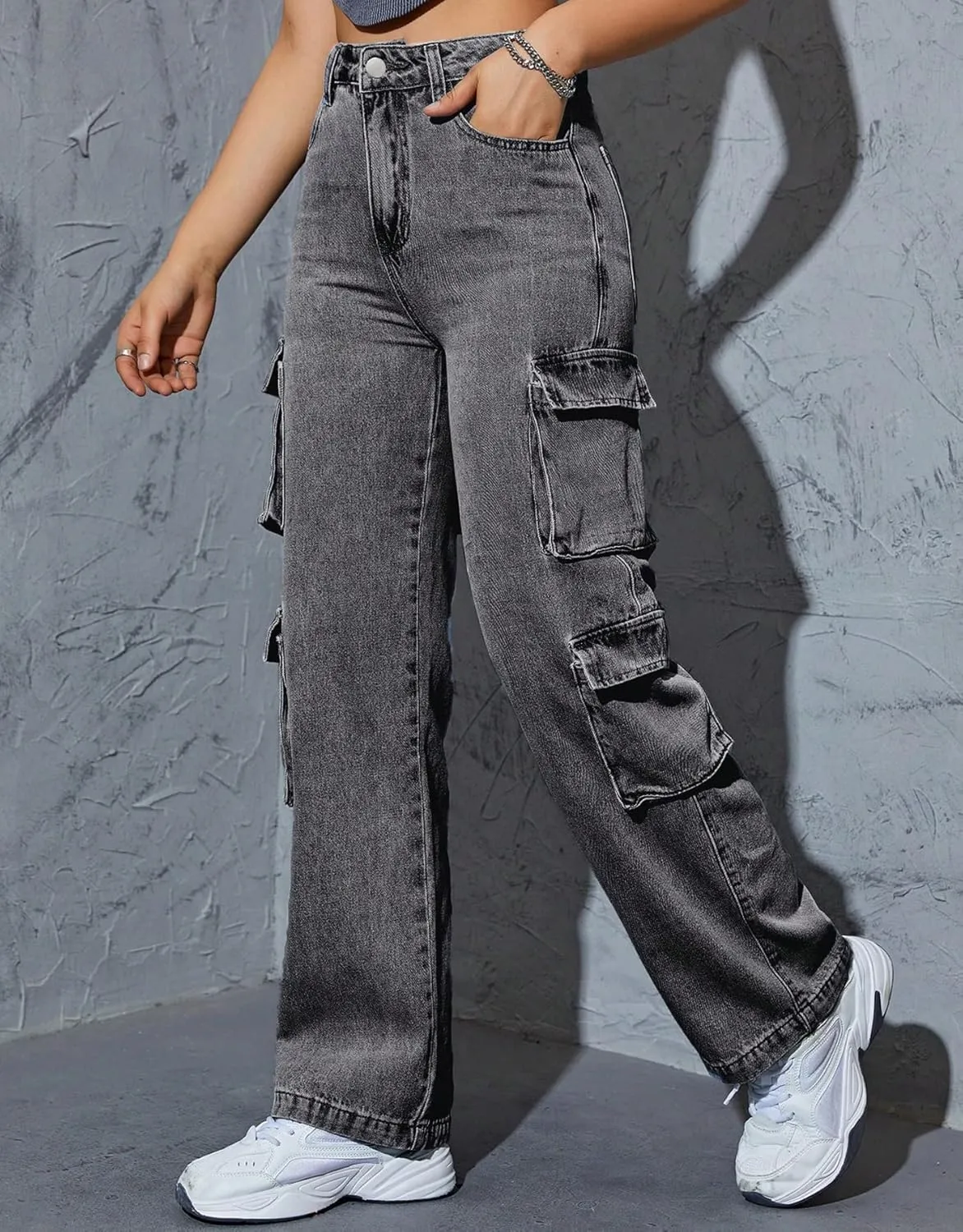 Kedera Women High Waist Denim Jeans Trousers Casual Pants Boyfriend Wide Leg Cargo Parachute Baggy Pants