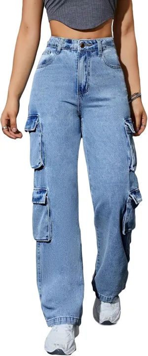 Kedera Women High Waist Denim Jeans Trousers Casual Pants Boyfriend Wide Leg Cargo Parachute Baggy Pants