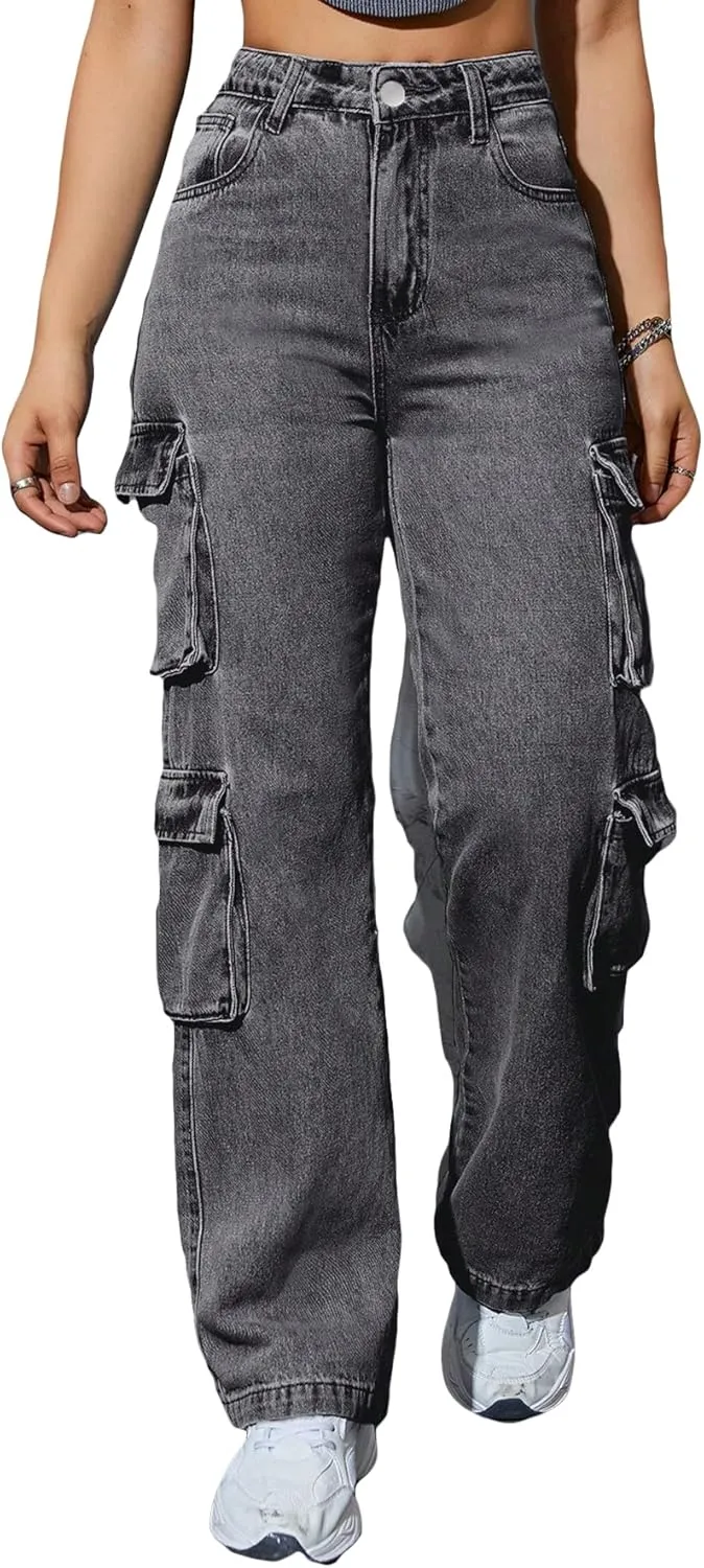Kedera Women High Waist Denim Jeans Trousers Casual Pants Boyfriend Wide Leg Cargo Parachute Baggy Pants