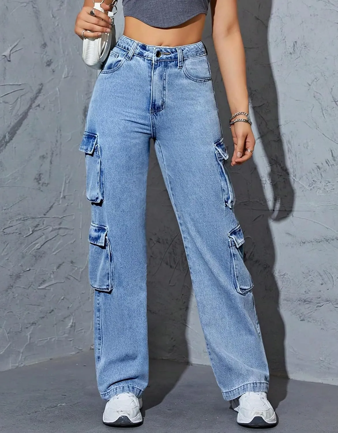 Kedera Women High Waist Denim Jeans Trousers Casual Pants Boyfriend Wide Leg Cargo Parachute Baggy Pants