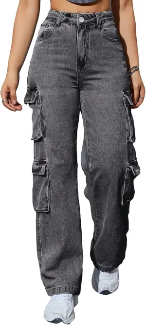 Kedera Women High Waist Denim Jeans Trousers Casual Pants Boyfriend Wide Leg Cargo Parachute Baggy Pants