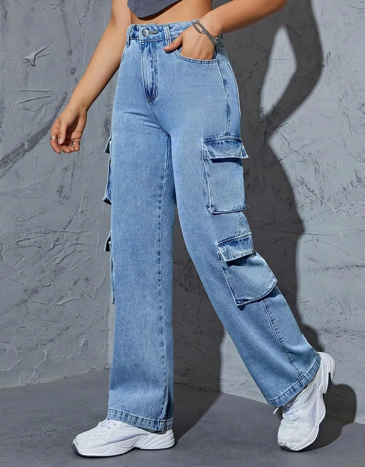 Kedera Women High Waist Denim Jeans Trousers Casual Pants Boyfriend Wide Leg Cargo Parachute Baggy Pants