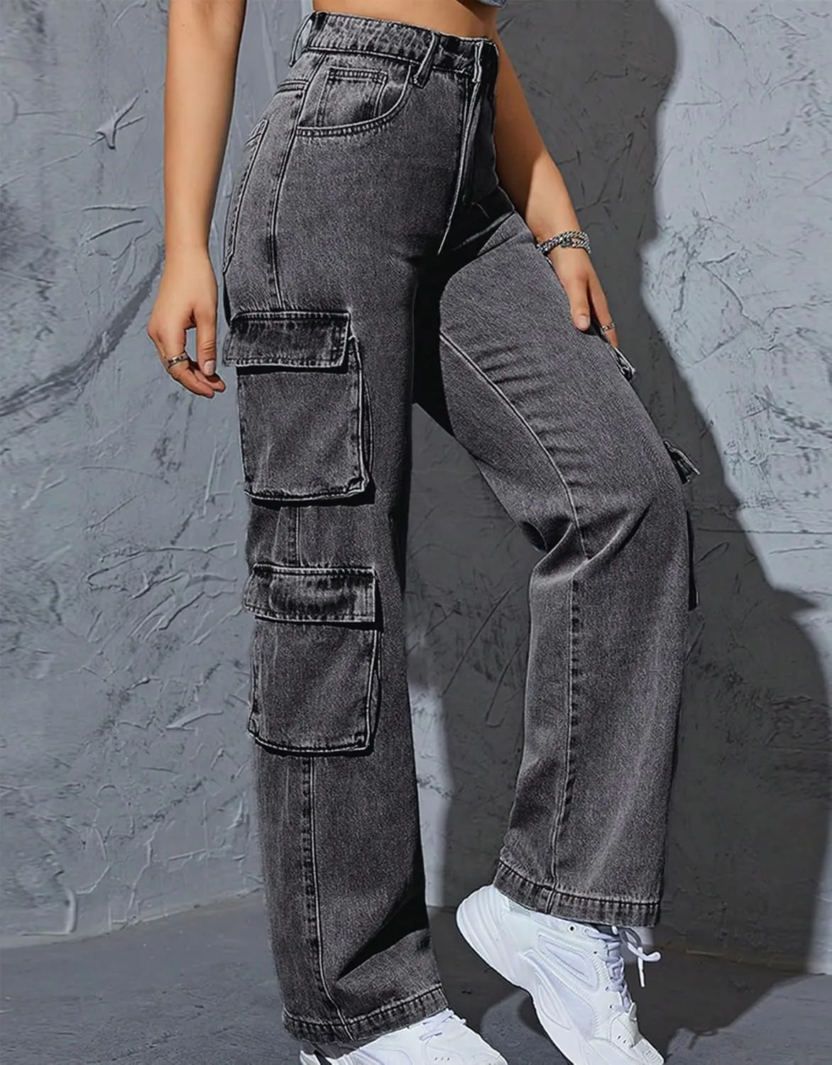 Kedera Women High Waist Denim Jeans Trousers Casual Pants Boyfriend Wide Leg Cargo Parachute Baggy Pants