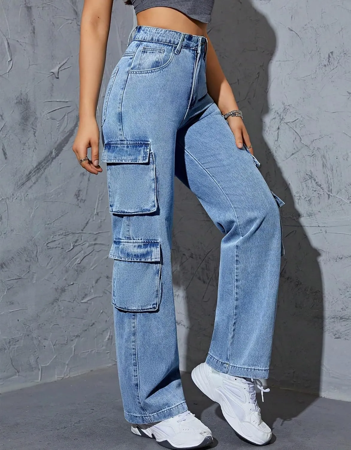 Kedera Women High Waist Denim Jeans Trousers Casual Pants Boyfriend Wide Leg Cargo Parachute Baggy Pants