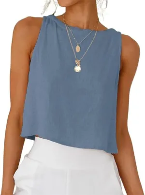 Kinghua Womens Linen Crop Tops Summer Casual Loose Cotton Linen Sleeveless Tank Top