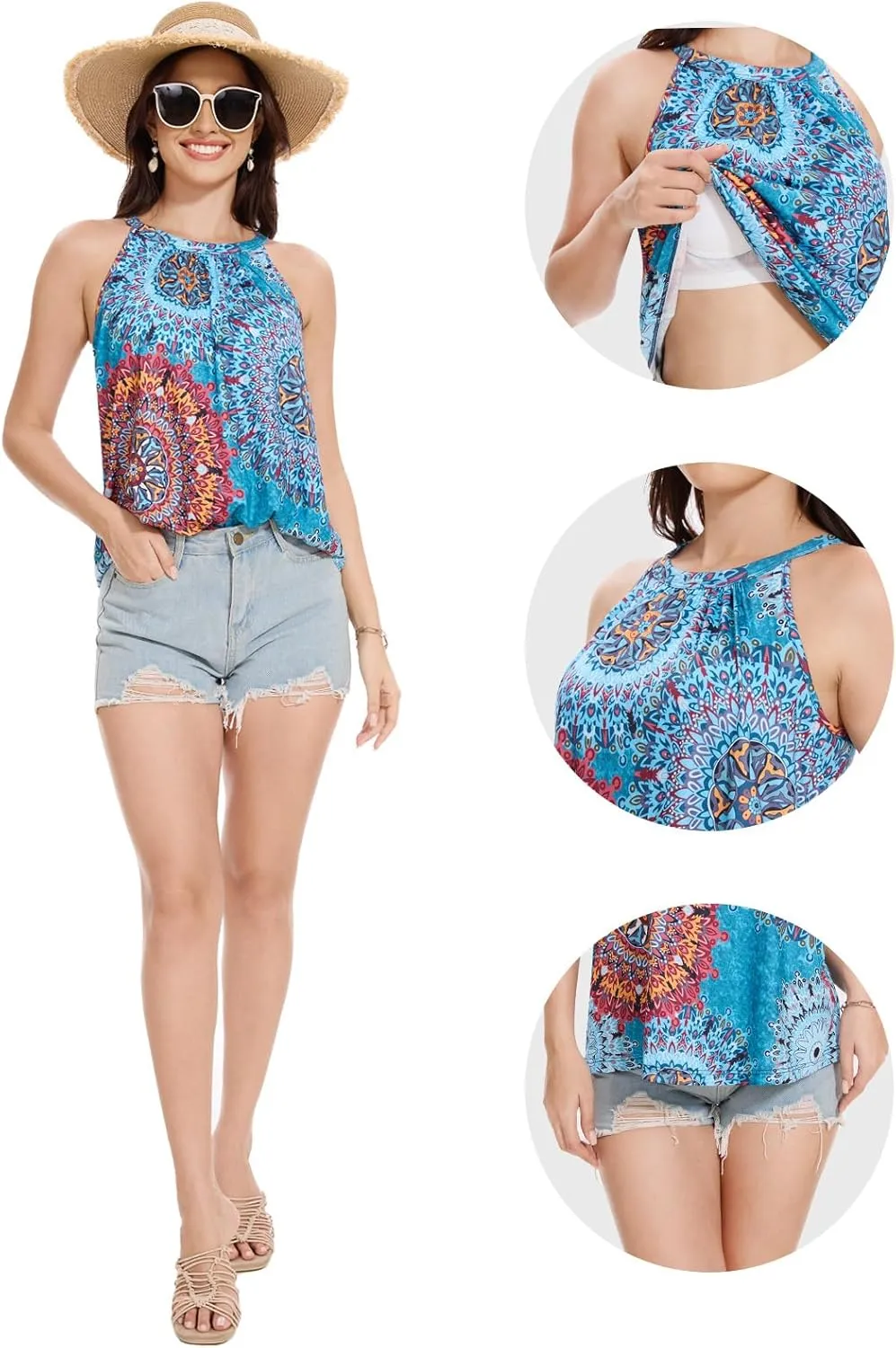 Kniffi Womens Tank Tops with Built in Bra Halter Neck Flowy Sleeveless Tank Tops Loose Fitting Camisole S-XXXL