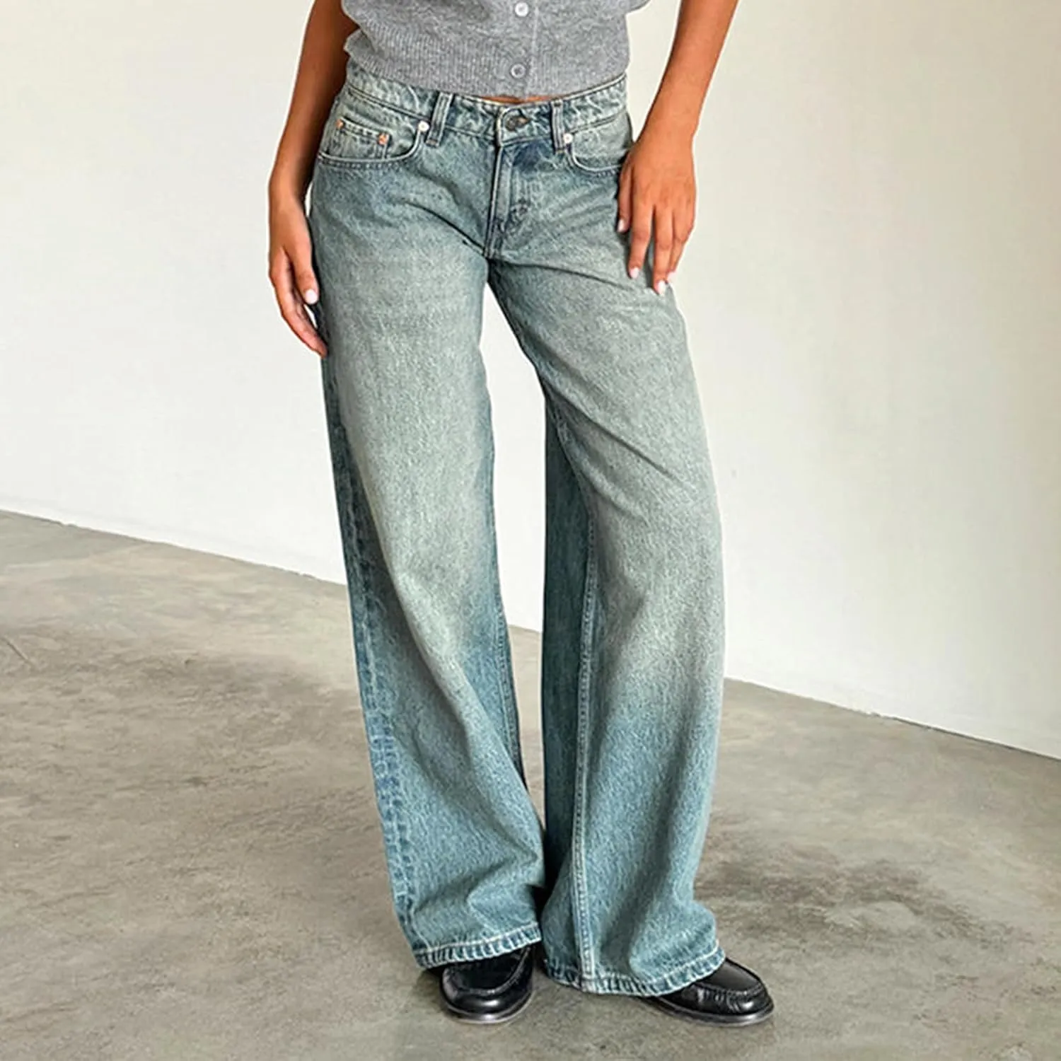 Leopard Barrel Women's Cheetah Print Baggy Boyfriend Mid Rise Wide Leg Denim Tapered Jeans