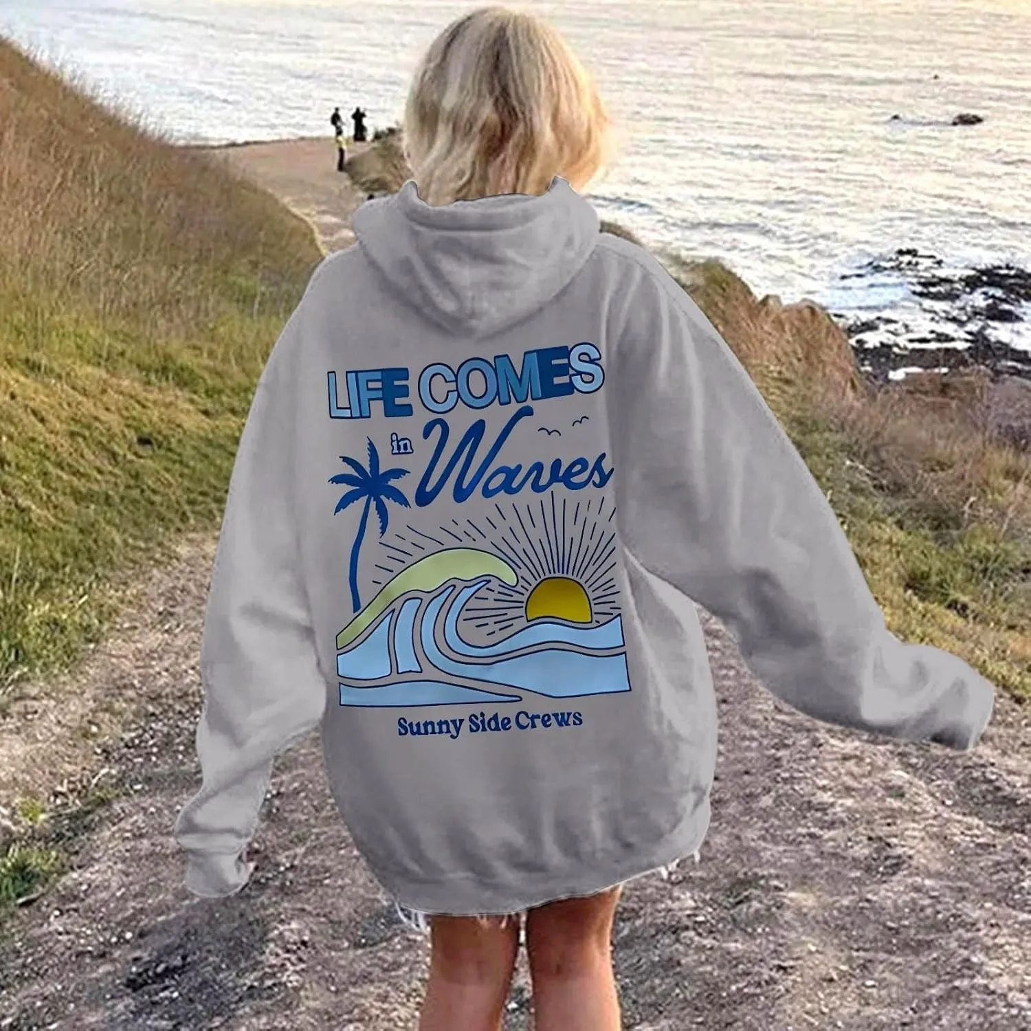 Life Comes in Waves Print Sweatshirts Womens Oversized Hoodies Casual Long Sleeve Blouse Tops Drawstring Pocket Outfits