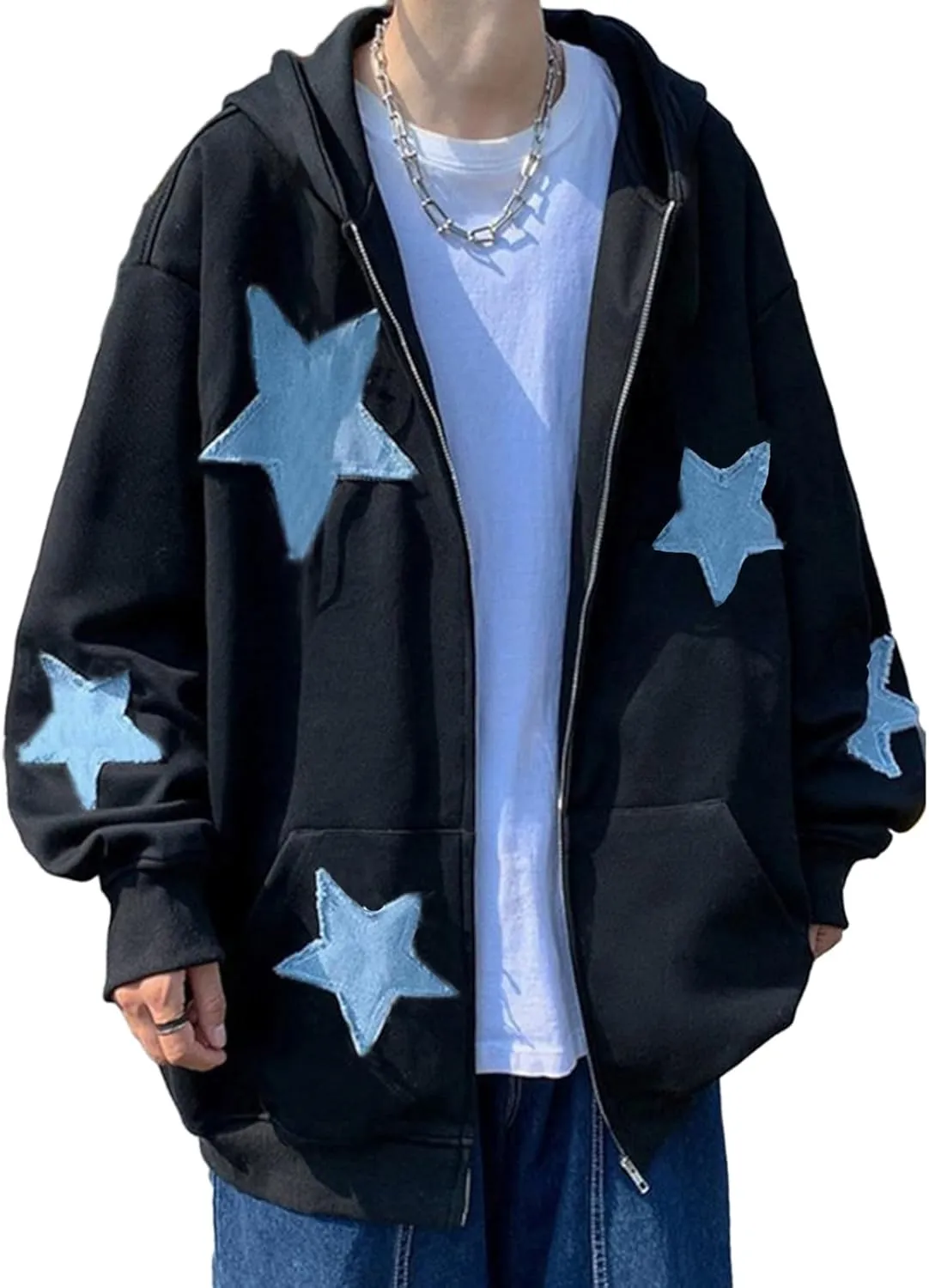 lisenraIn Women Teen Girls Star Pattern Zip Up Hoodie Y2K Vintage Oversized Sweatshirt Spring Fall Aesthetic Trendy Jacket