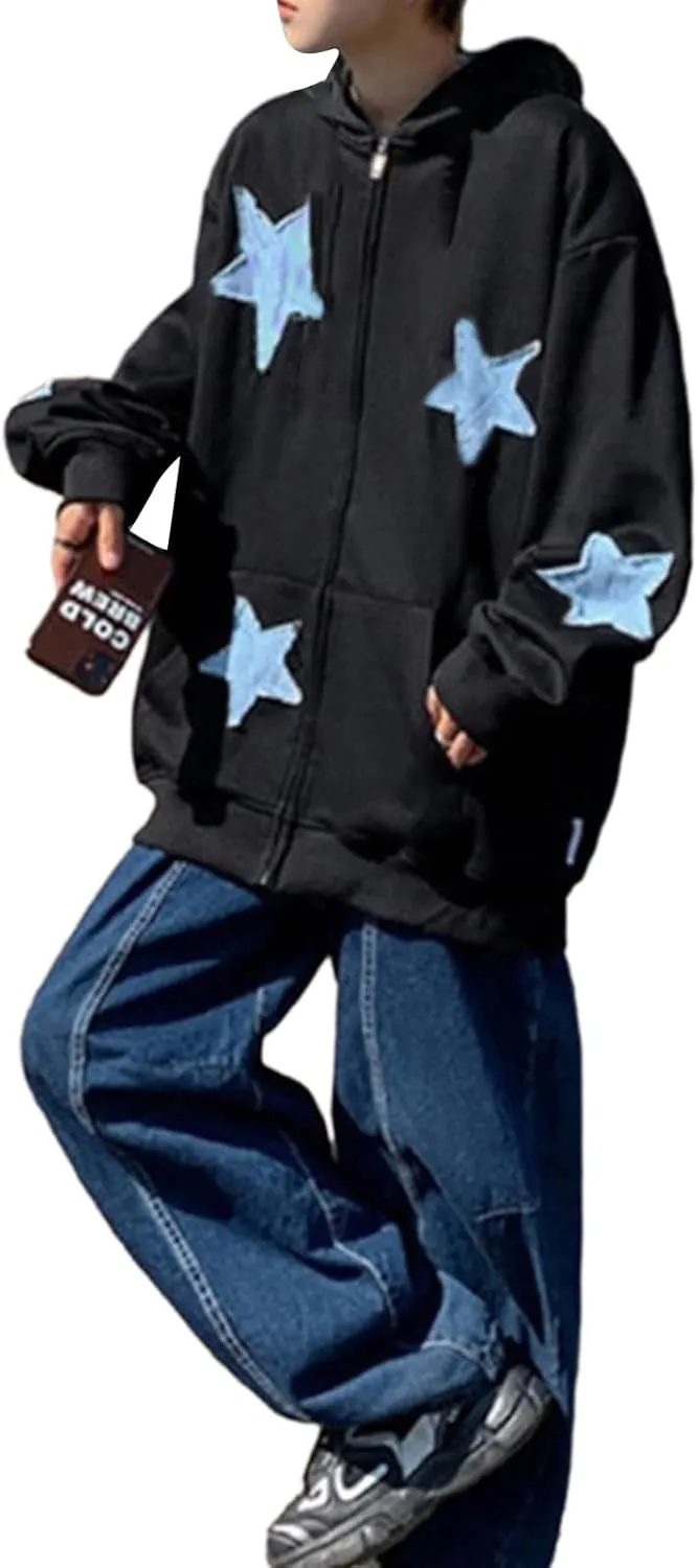 lisenraIn Women Teen Girls Star Pattern Zip Up Hoodie Y2K Vintage Oversized Sweatshirt Spring Fall Aesthetic Trendy Jacket