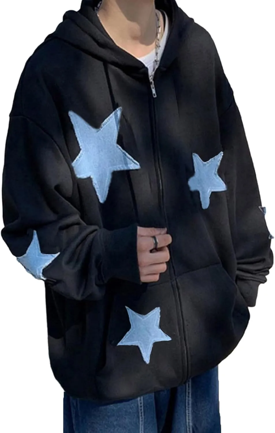 lisenraIn Women Teen Girls Star Pattern Zip Up Hoodie Y2K Vintage Oversized Sweatshirt Spring Fall Aesthetic Trendy Jacket