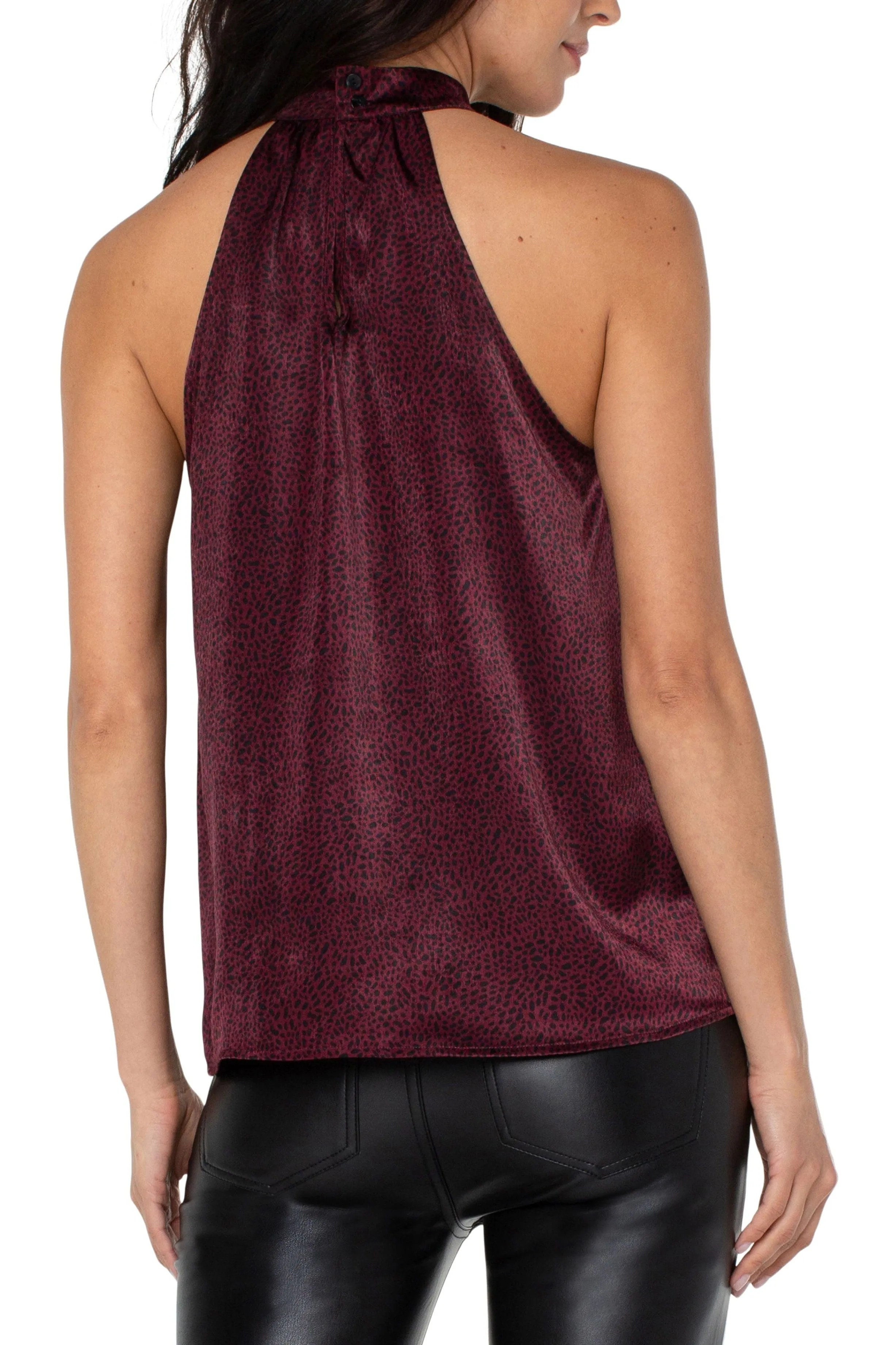 Liverpool Sleeveless Mock Neck Halter Top In Burgundy Leopard Print