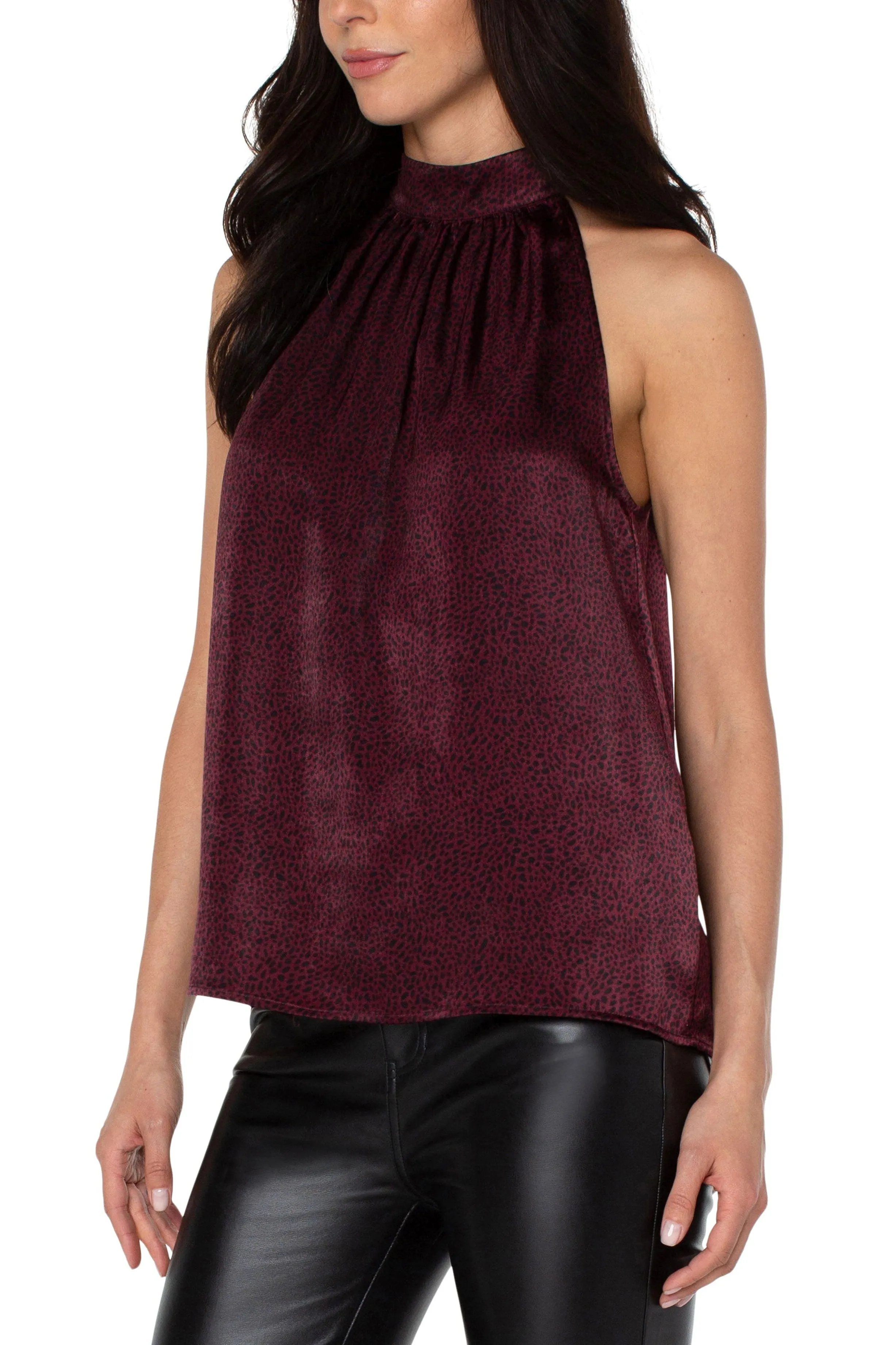 Liverpool Sleeveless Mock Neck Halter Top In Burgundy Leopard Print