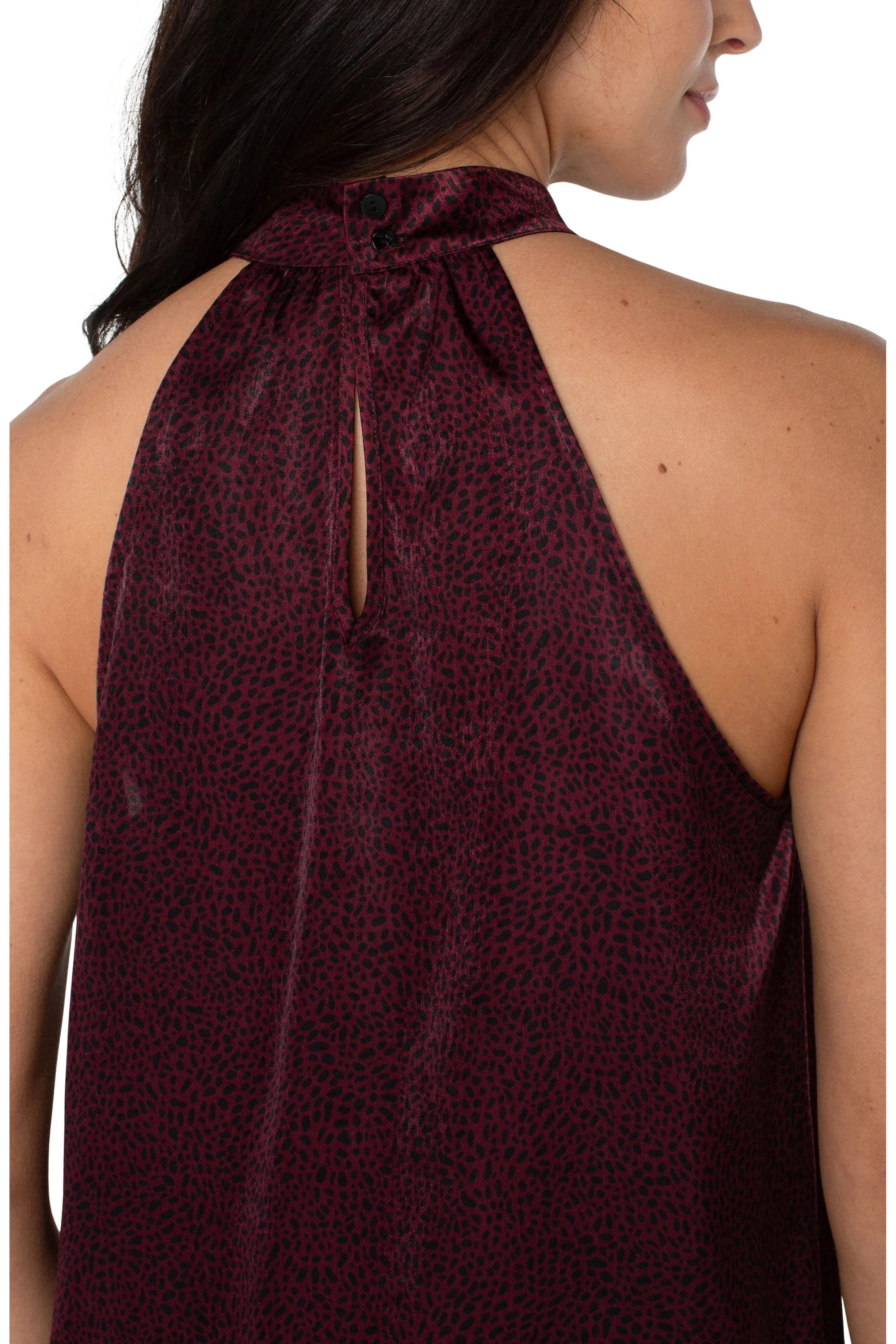 Liverpool Sleeveless Mock Neck Halter Top In Burgundy Leopard Print