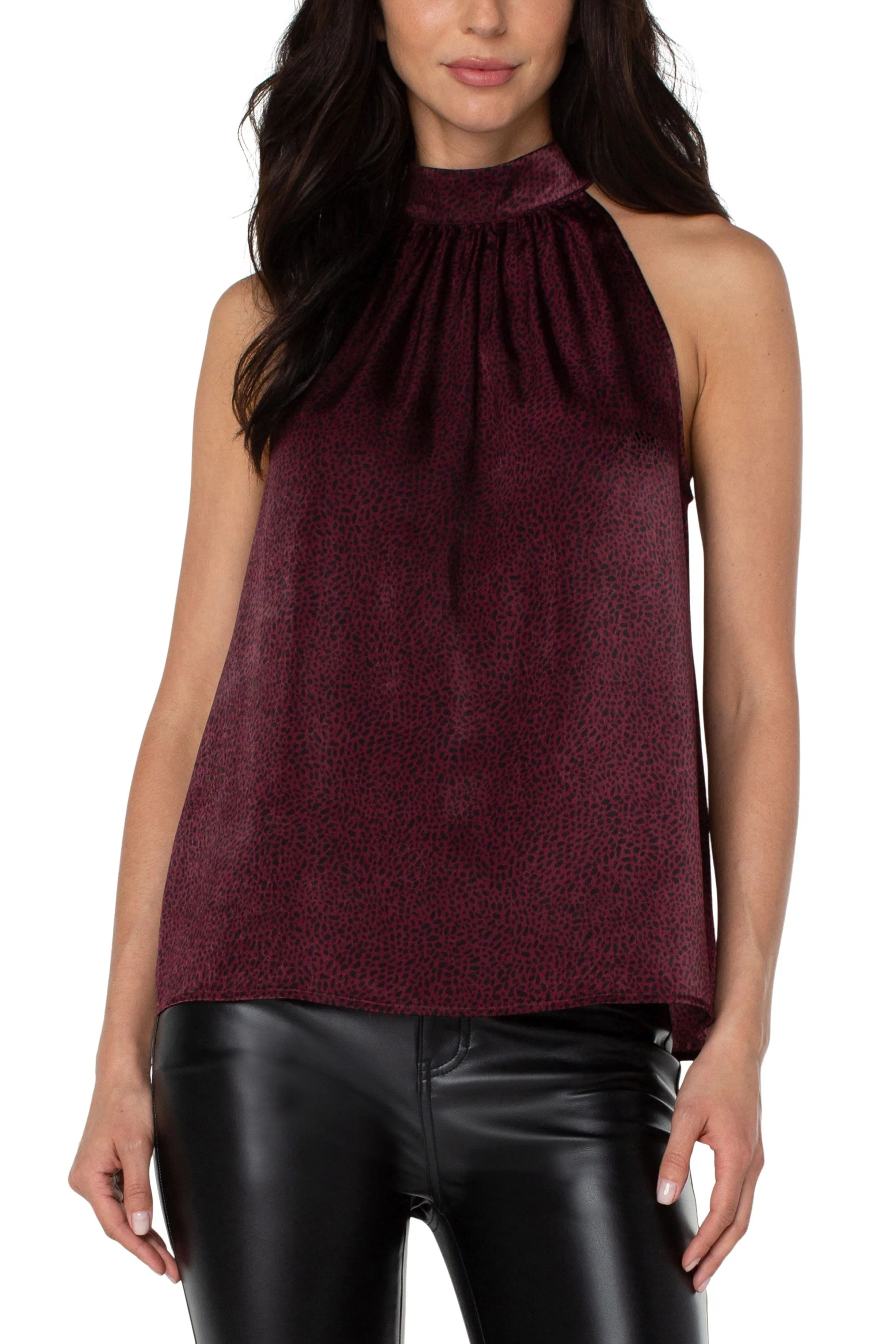 Liverpool Sleeveless Mock Neck Halter Top In Burgundy Leopard Print