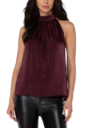 Liverpool Sleeveless Mock Neck Halter Top In Burgundy Leopard Print