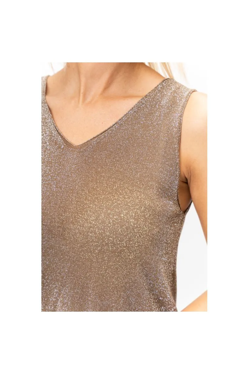 Look Mode Shimmer V-Neck Wide Strap Tank In Taupe