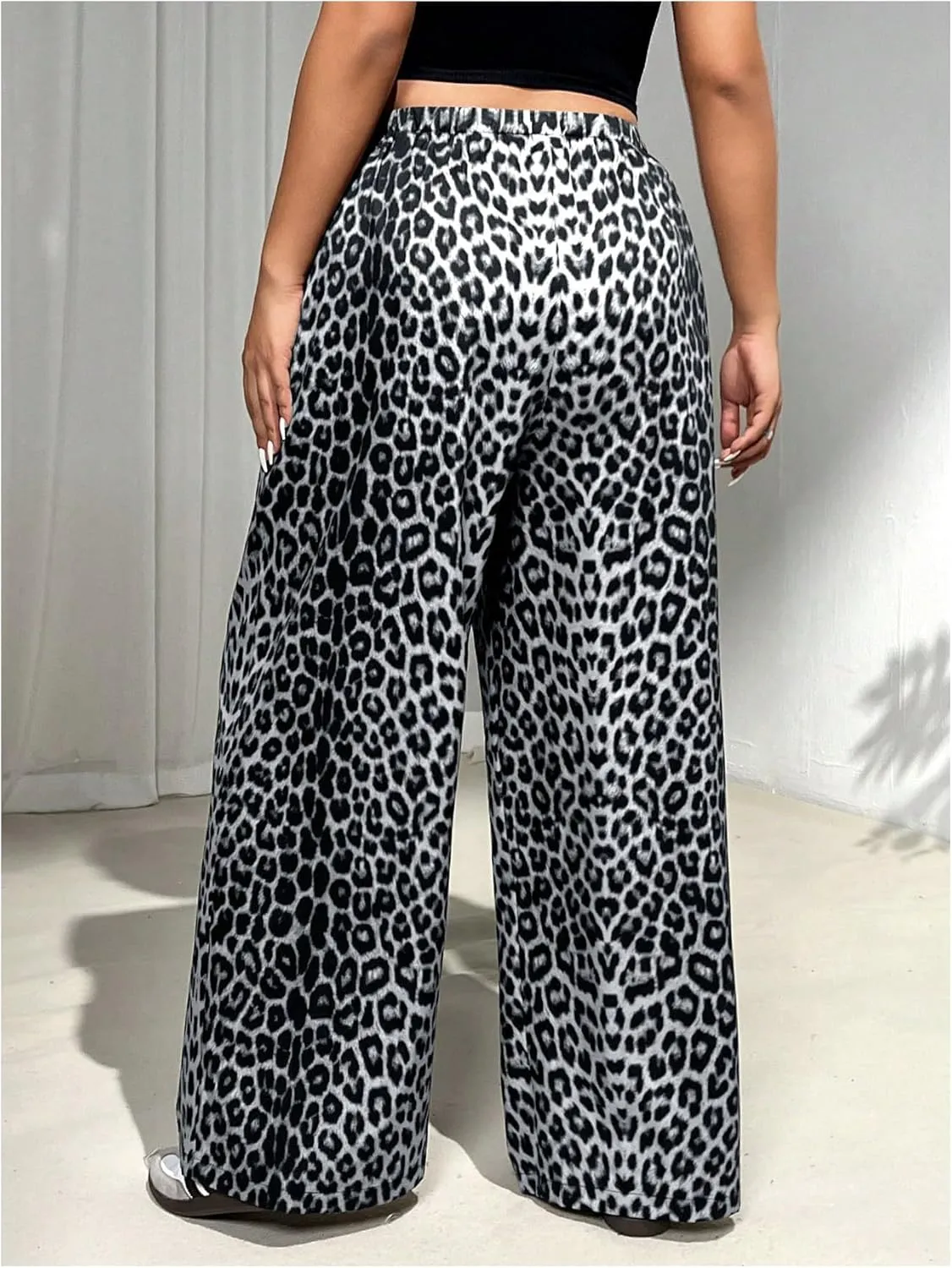 MakeMeChic Women's Plus Size Leopard Print Wide Leg Pants Casual Summer Drawstring Waist Trousers