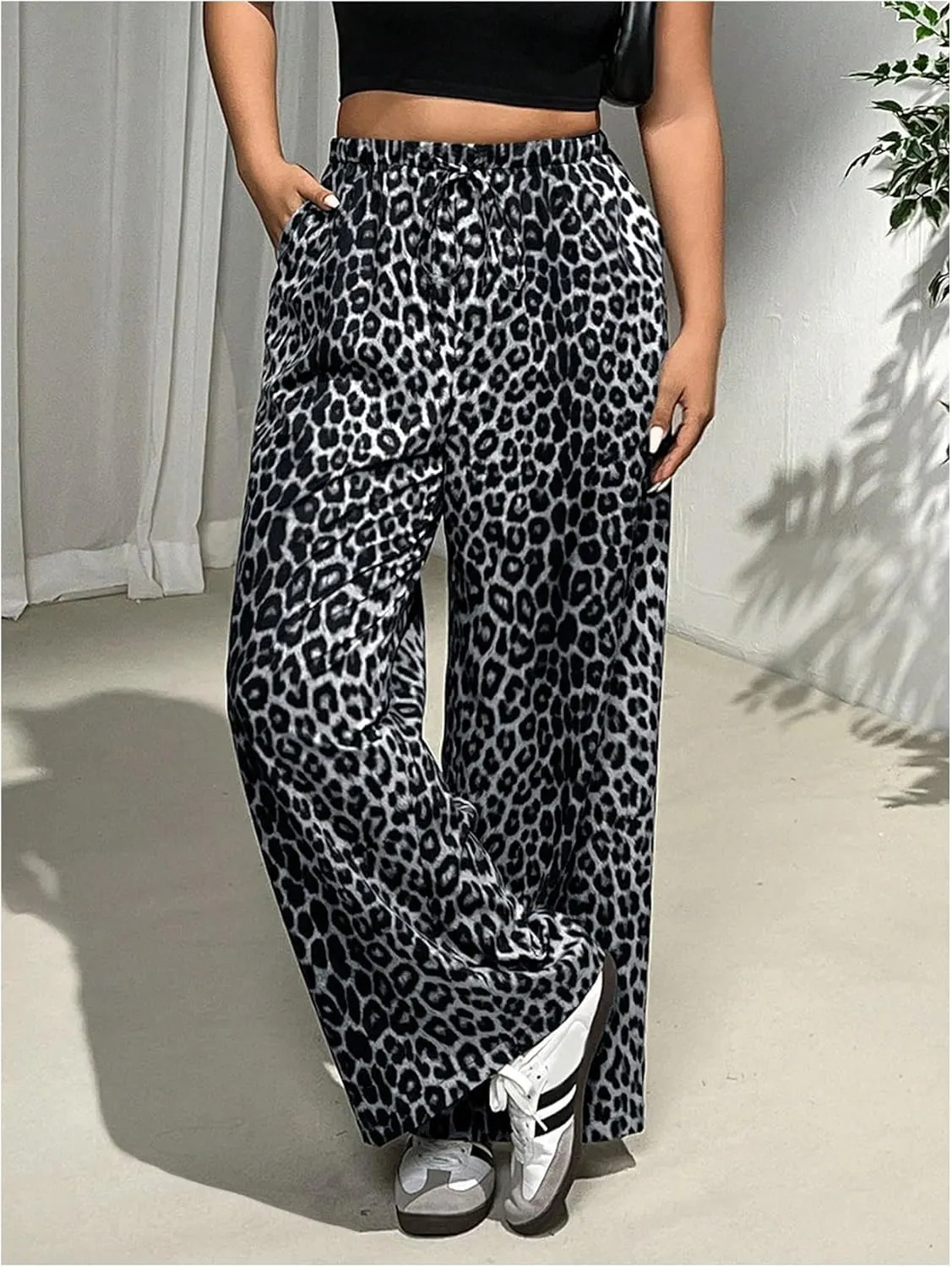 MakeMeChic Women's Plus Size Leopard Print Wide Leg Pants Casual Summer Drawstring Waist Trousers