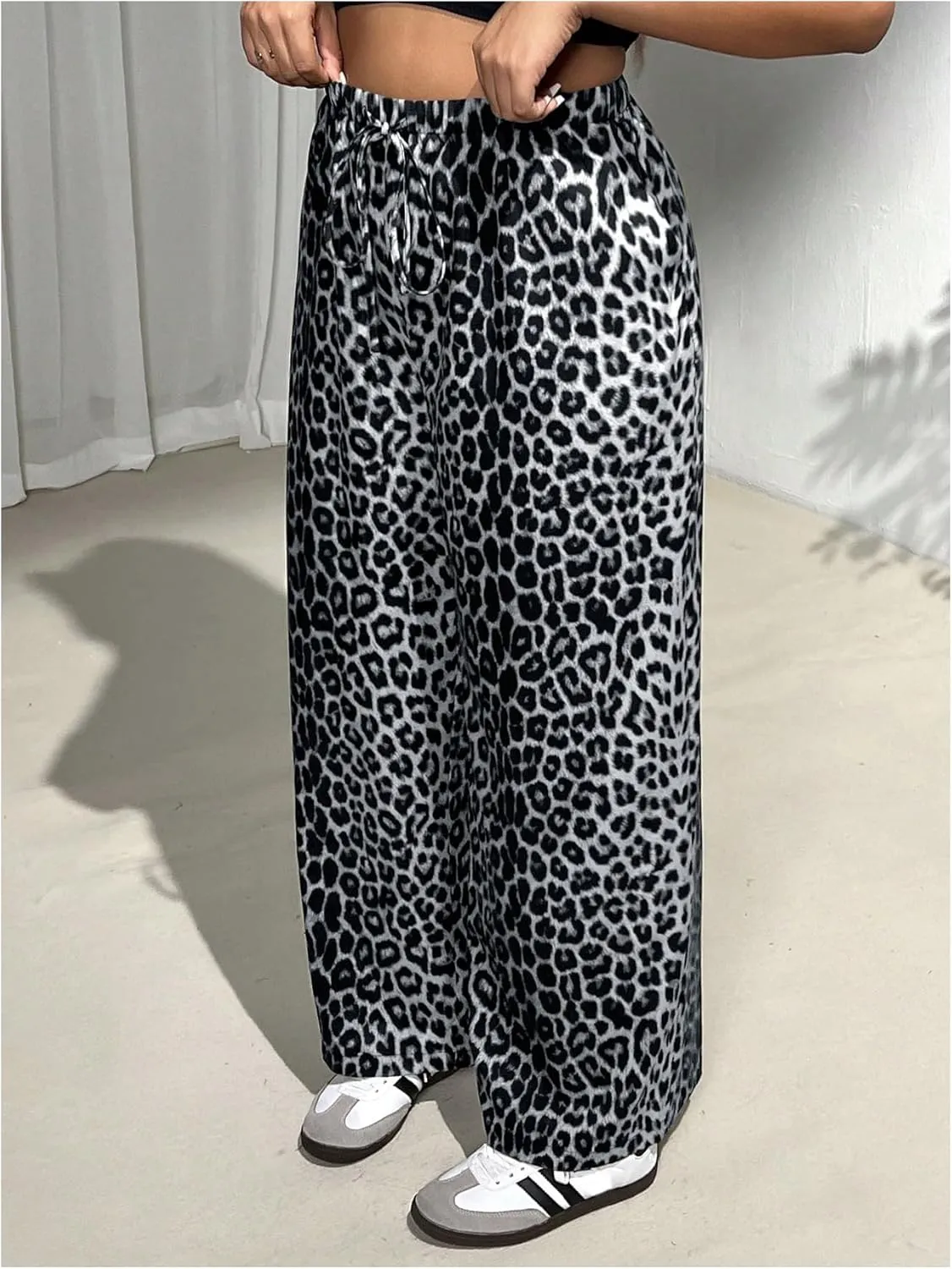 MakeMeChic Women's Plus Size Leopard Print Wide Leg Pants Casual Summer Drawstring Waist Trousers