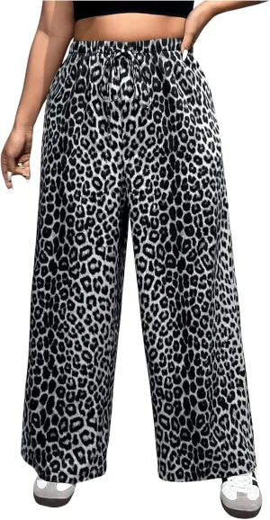 MakeMeChic Women's Plus Size Leopard Print Wide Leg Pants Casual Summer Drawstring Waist Trousers